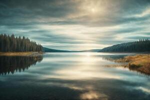 ein Kabine sitzt auf das Ufer von ein See im das Nebel foto