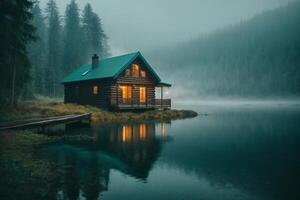 ein Kabine sitzt auf das Ufer von ein See im das Nebel foto