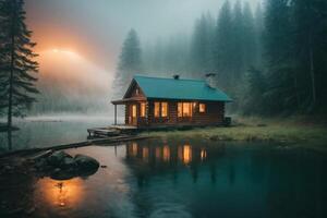 ein Kabine sitzt auf das Ufer von ein See beim Dämmerung foto