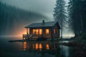 ein Kabine sitzt auf das Ufer von ein See beim Dämmerung foto