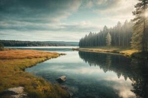 ein See mit Bäume und ein wolkig Himmel foto