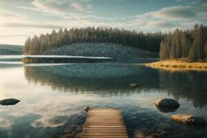 ein hölzern Seebrücke führt zu ein See und ein Haus foto