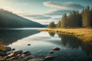 ein Pfad führt zu ein See umgeben durch Bäume foto