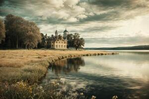 ein rot Haus sitzt auf das Ufer von ein See foto