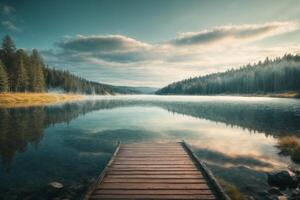 ein hölzern Dock führt zu ein See umgeben durch Bäume foto