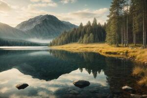 ein See umgeben durch Bäume und Felsen foto