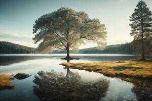 ein hölzern Seebrücke führt zu ein See mit ein wolkig Himmel foto