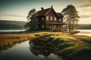 ein Haus sitzt auf das Ufer von ein See foto