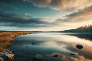 ein See mit Felsen und Bäume im das Vordergrund foto