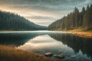 ein einsam Baum steht auf ein klein Insel im ein See foto