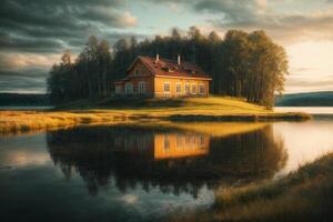 ein Haus sitzt auf das Kante von ein See foto