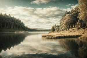 ein See umgeben durch Bäume und Gras foto