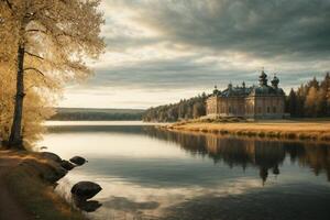 ein schön Schloss sitzt auf das Ufer von ein See foto