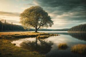 Herbstlandschaft mit Bäumen und See foto