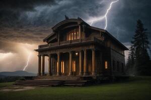 ein stürmisch Nacht mit Blitz und ein Haus foto