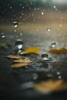Regentropfen auf das Boden im ein Pfütze foto