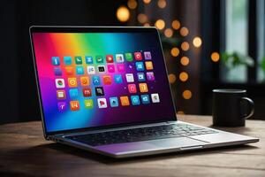 Laptop mit bunt Symbole auf das Bildschirm foto