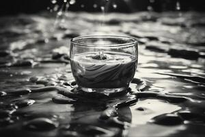 ein Glas von Wasser Sitzung auf das Boden mit Wasser planschen um es foto