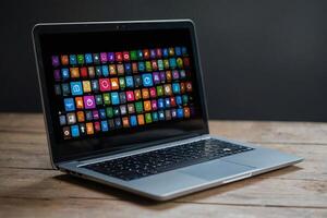 ein Laptop Computer mit ein Vielfalt von Symbole auf das Bildschirm foto