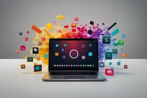 Laptop mit viele App Symbole auf das Bildschirm foto