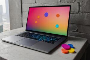 ein Laptop mit bunt Polka Punkte auf das Bildschirm foto