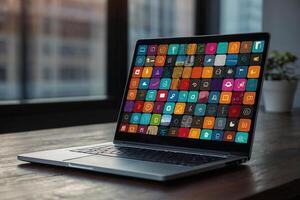 ein Laptop mit viele bunt App Symbole Kommen aus von es foto