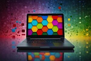 ein Laptop Computer mit bunt Hexagon Formen auf das Bildschirm foto