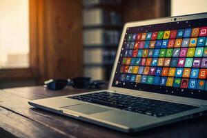 ein Laptop mit bunt Symbole auf das Bildschirm foto