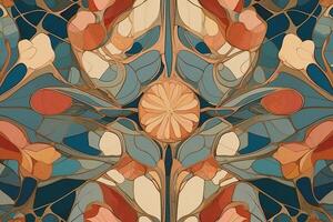 Kunst Jugendstil Blumen- Muster im Blau, Orange und braun foto