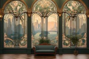 ein Kunst Jugendstil Stil Gemälde von ein Zimmer mit ein groß Fenster foto