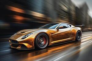 ein Gold Sport Auto Fahren auf das Straße foto