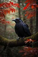 ein schwarz Krähe sitzt auf ein Ast im das Wald foto