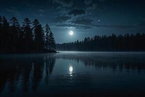ein Mond steigt an Über ein See beim Nacht foto