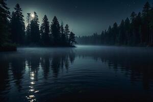 ein Mond steigt an Über ein See beim Nacht foto