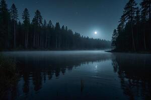 ein voll Mond steigt an Über ein See beim Nacht foto