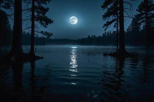 ein voll Mond steigt an Über ein See beim Nacht foto