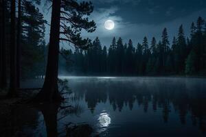 ein voll Mond steigt an Über ein See beim Nacht foto