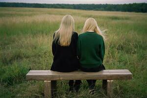 zwei jung Frauen Sitzung auf ein Bank suchen aus Über ein Feld foto