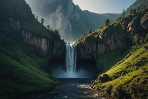 ein Wasserfall im das Mitte von ein Grün Senke foto