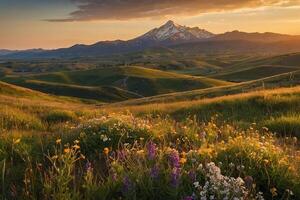 Wildblumen und Berge beim Sonnenuntergang foto