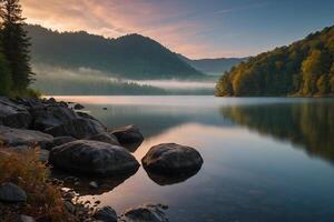 ein Log sitzt auf das Ufer von ein See beim Sonnenaufgang foto