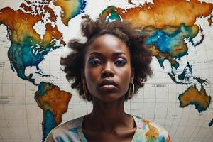 ein schön jung Frau mit afro Haar ist Stehen im Vorderseite von ein Welt Karte foto