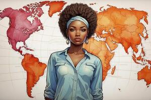 ein Illustration von ein Frau mit afro Haar und ein Karte von das Welt foto
