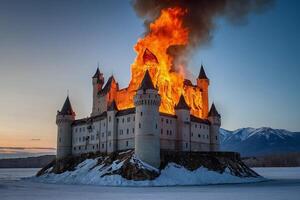 ein Schloss ist auf Feuer im das Schnee foto