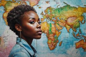 ein schön jung Frau mit ein afro im Vorderseite von ein Welt Karte foto