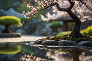 ein Kirsche blühen Baum ist reflektiert im das Wasser foto