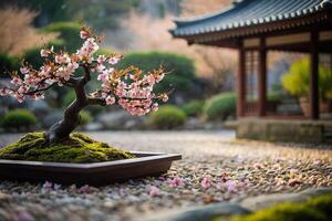 Sakura Bonsai Baum im ein Topf auf das Boden foto