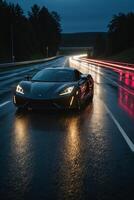 ein Sport Auto Fahren Nieder ein nass Straße beim Nacht foto