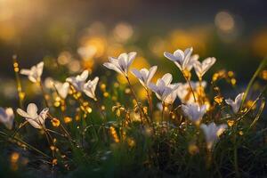 Weiß Blumen im das Gras beim Sonnenuntergang foto