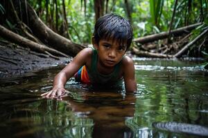 ein jung Junge ist Schwimmen im ein Fluss foto